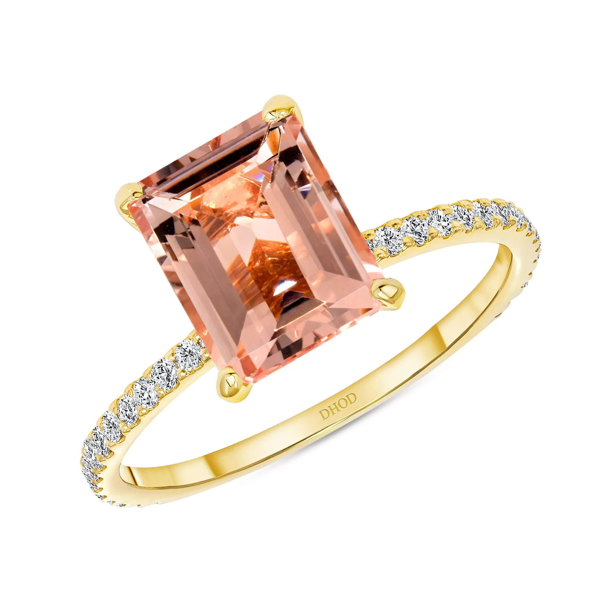 14K Gold Diamond Double Under Halo Ring with 2.50 Carats Emerald Cut Morganite Engagement Ring