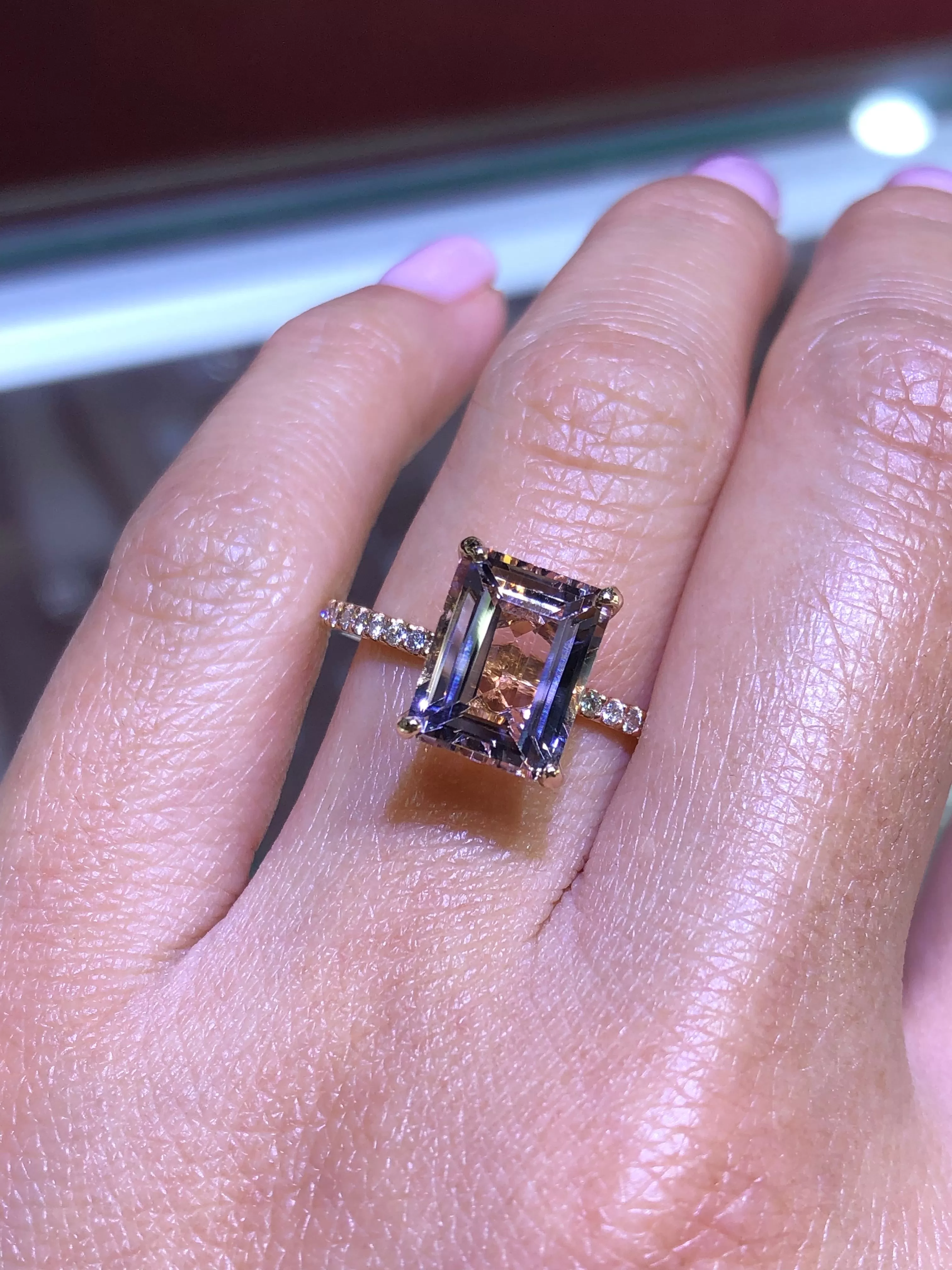 14K Gold Diamond Double Under Halo Ring with 2.50 Carats Emerald Cut Morganite Engagement Ring