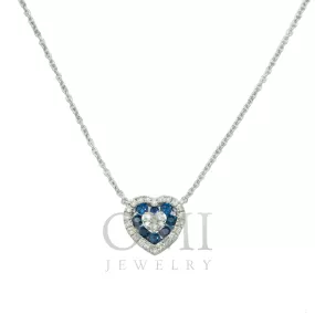 14K GOLD ROUND DIAMOND AND BLUE SAPPHIRE HEART NECKLACE 0.55 CTW