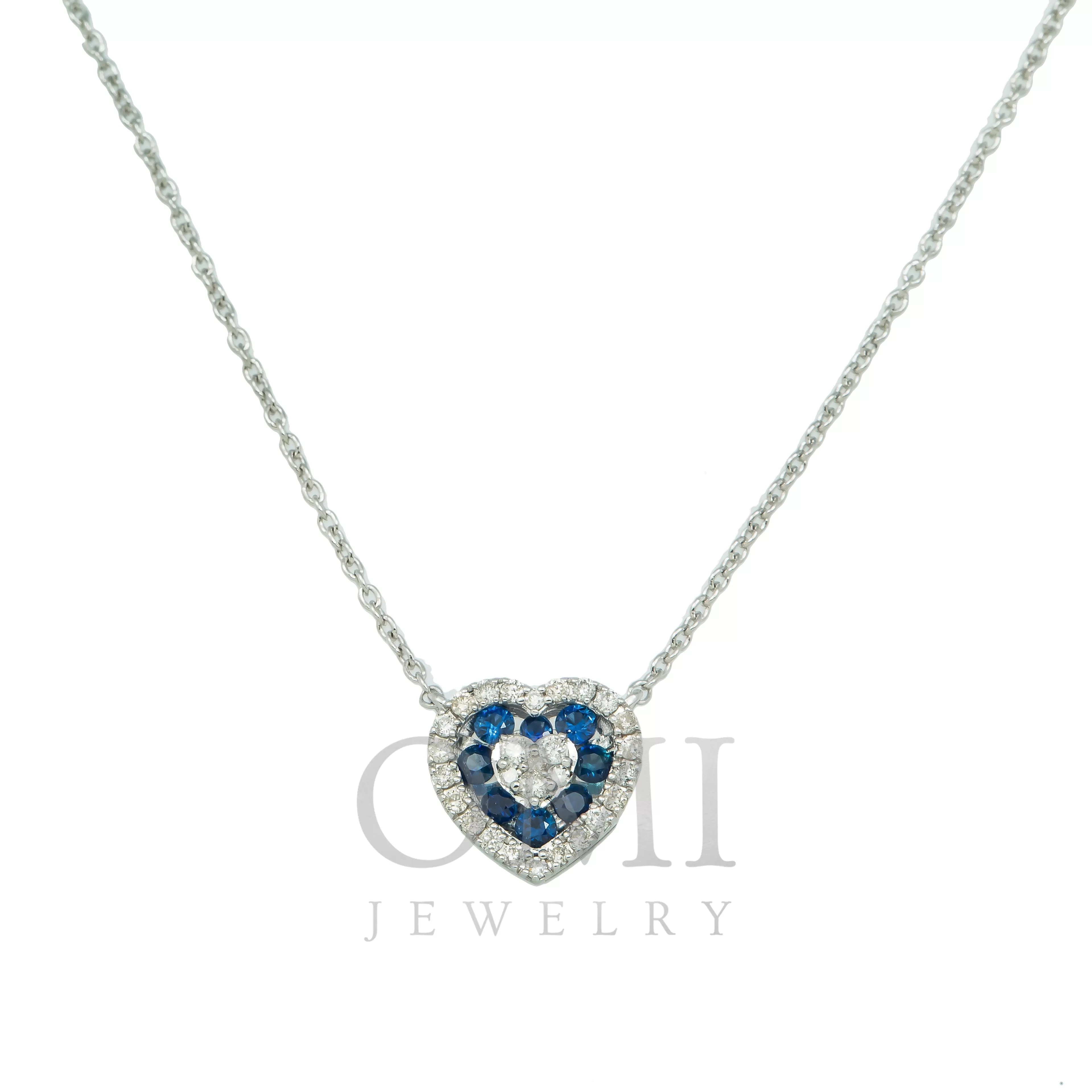 14K GOLD ROUND DIAMOND AND BLUE SAPPHIRE HEART NECKLACE 0.55 CTW