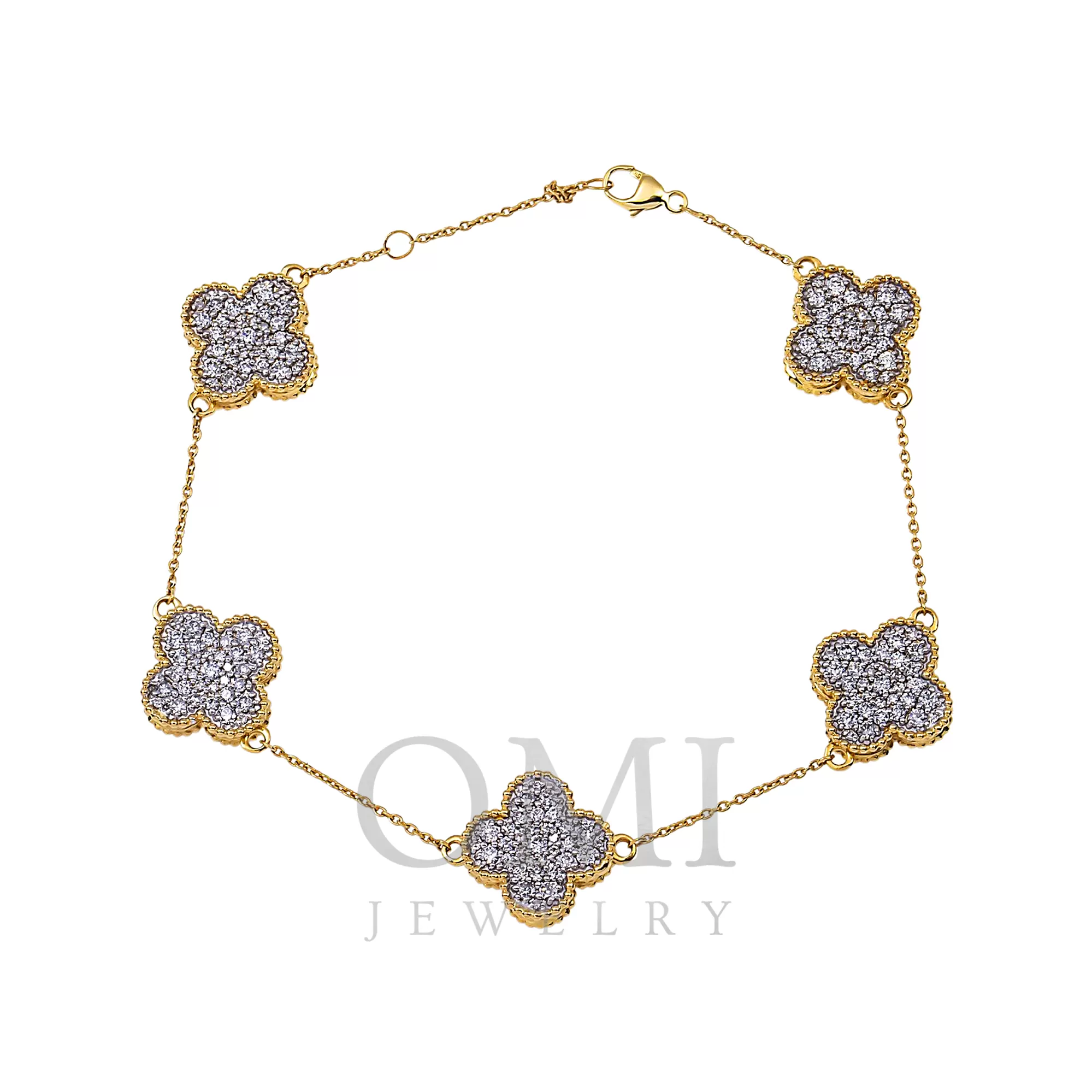 14K GOLD ROUND DIAMOND CLOVER CHAIN BRACELET 3.45 CT