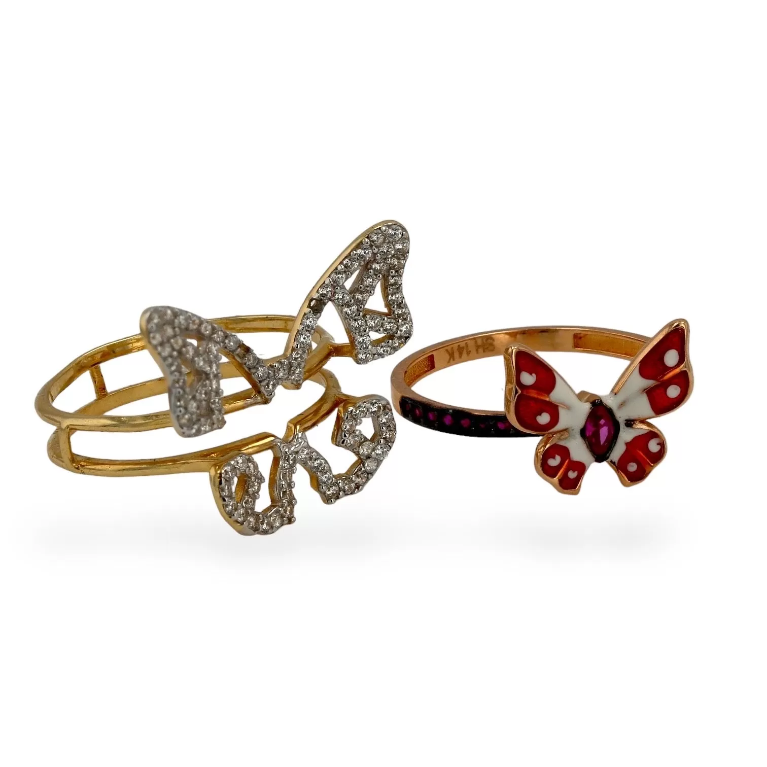 14k gold two butterfly enamel ring-207557