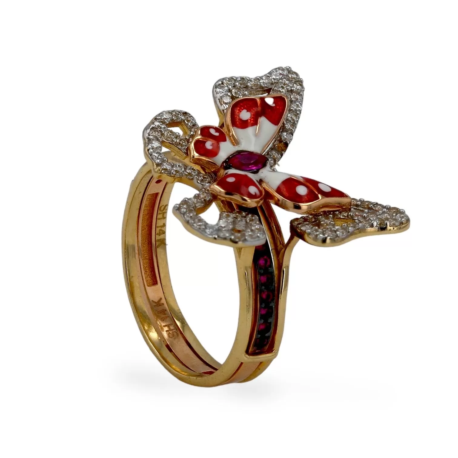 14k gold two butterfly enamel ring-207557