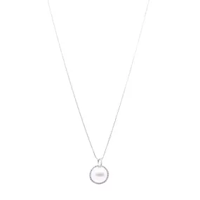 14K WHITE GOLD CULTURED PEARL DIAMOND HALO PENDANT ON A 14K YELLOW GOLD CHAIN