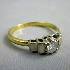 18k Gold & Silver Stepped Shoulder Diamond Solitaire Ring Antique Art Deco c1930