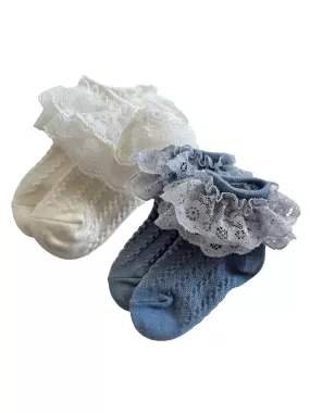 2-Pack Lacey Ruffle Socks, Ivory & Blue