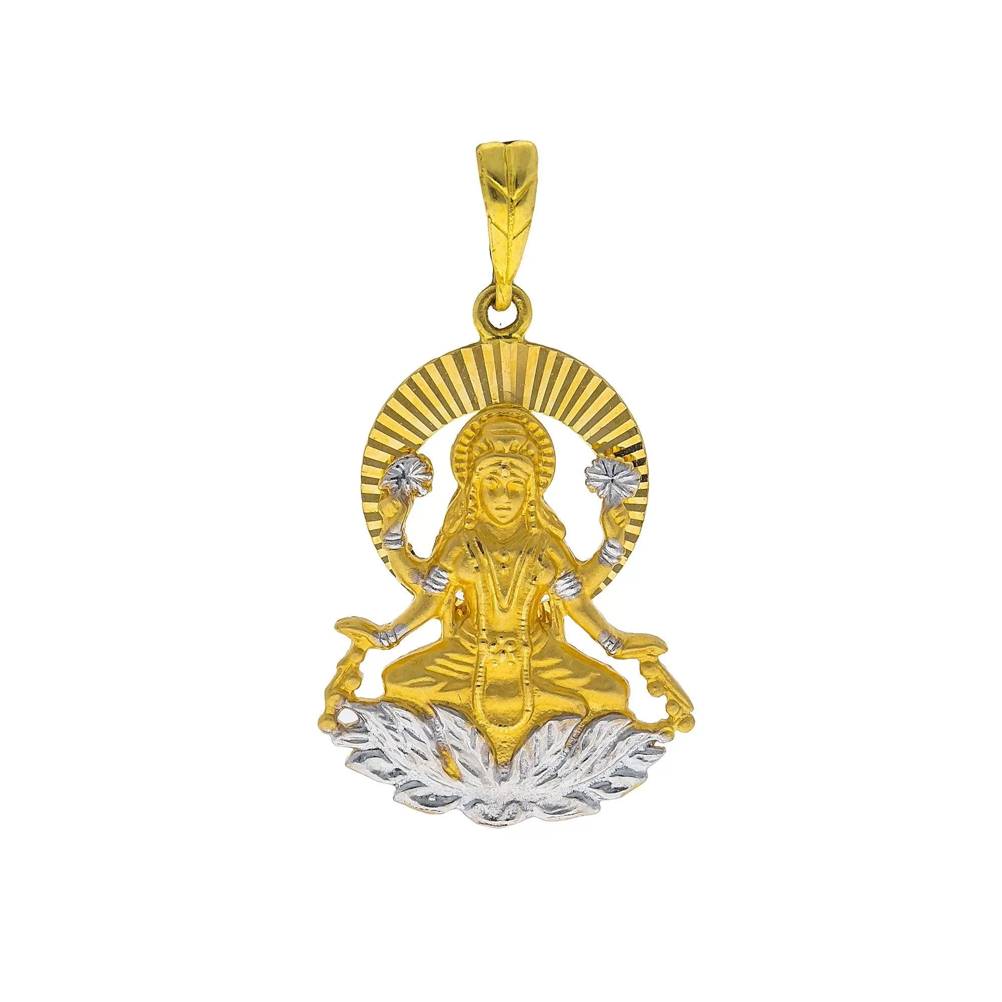 22K Multi Tone Gold Laxmi Pendant W/  Ribbed Halo