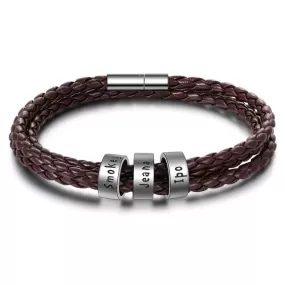 3 Names Beads Bracelets for Men Personalized Brown Braided Rope Leather Bracelet Male Jewelry Gift for Grandfather