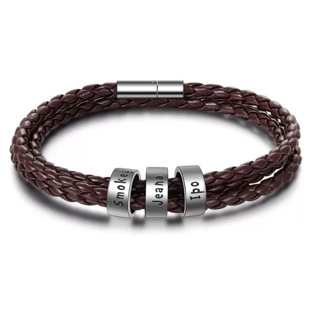 3 Names Beads Bracelets for Men Personalized Brown Braided Rope Leather Bracelet Male Jewelry Gift for Grandfather