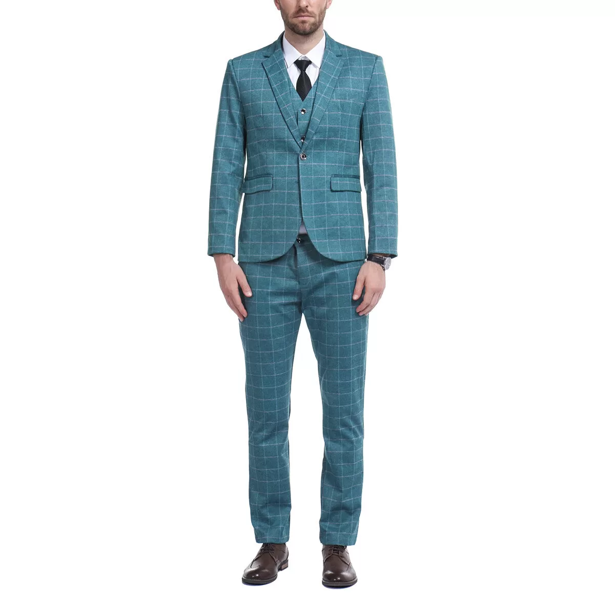 3-Piece Slim Fit Blue Plaid Modern Suit