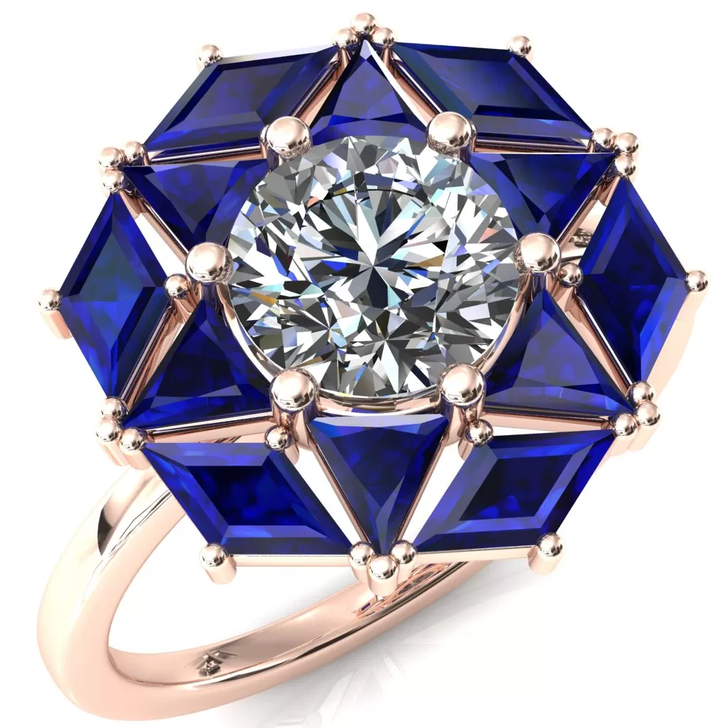 7.5mm Round Center with Diamond and Triangle Shaped Cluster Ring