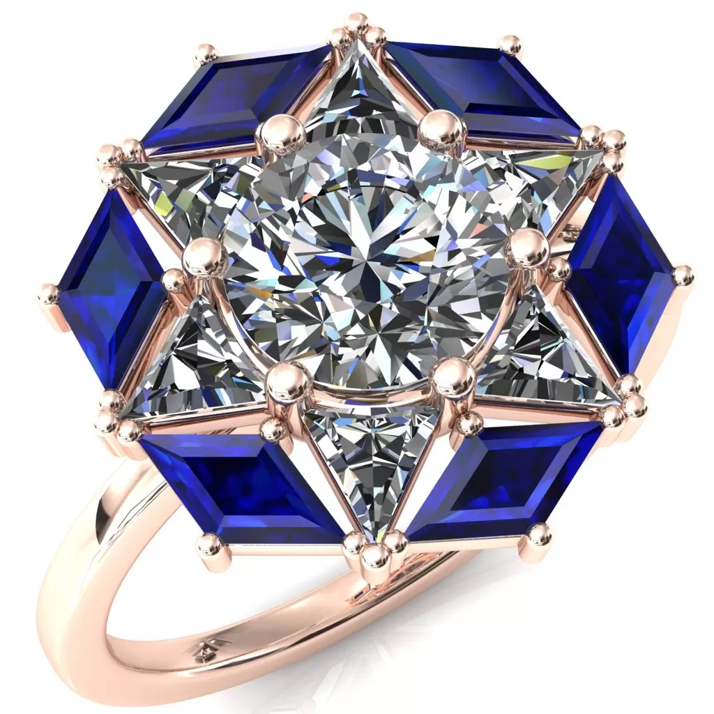 7.5mm Round Center with Diamond and Triangle Shaped Cluster Ring