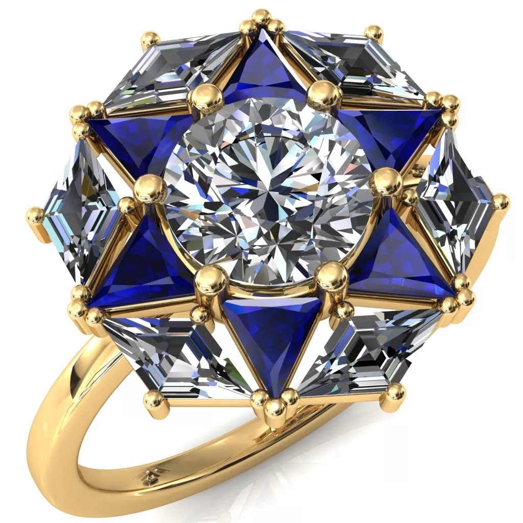 7.5mm Round Center with Diamond and Triangle Shaped Cluster Ring