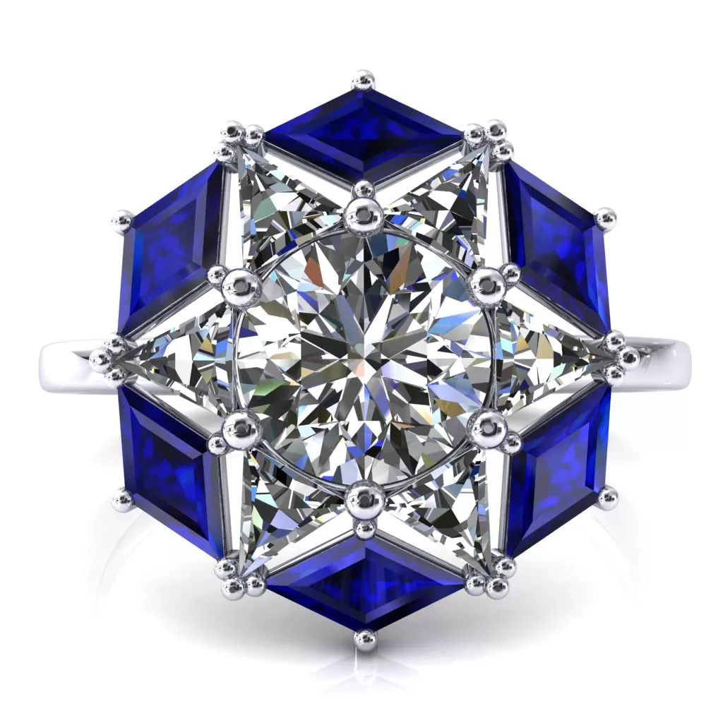 7.5mm Round Center with Diamond and Triangle Shaped Cluster Ring