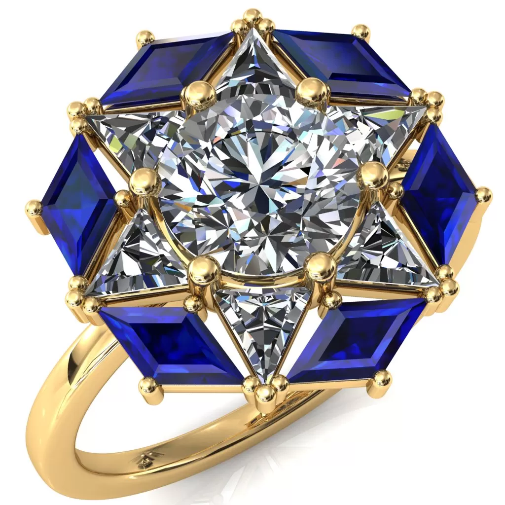 7.5mm Round Center with Diamond and Triangle Shaped Cluster Ring