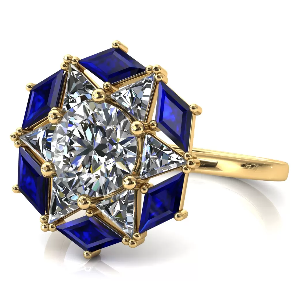 7.5mm Round Center with Diamond and Triangle Shaped Cluster Ring