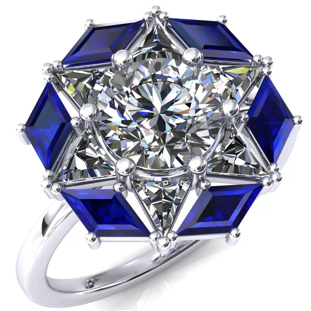 7.5mm Round Center with Diamond and Triangle Shaped Cluster Ring