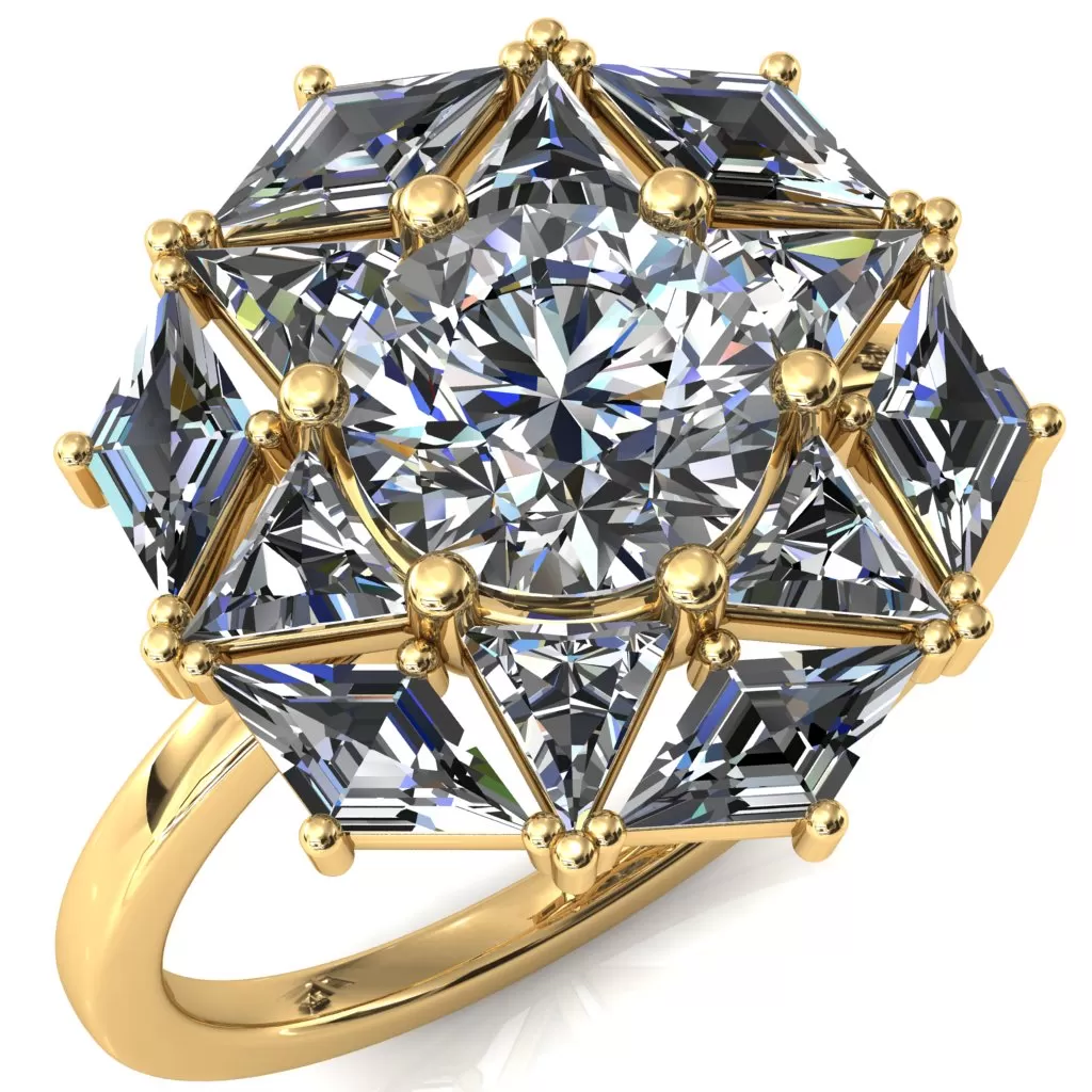 7.5mm Round Center with Diamond and Triangle Shaped Cluster Ring