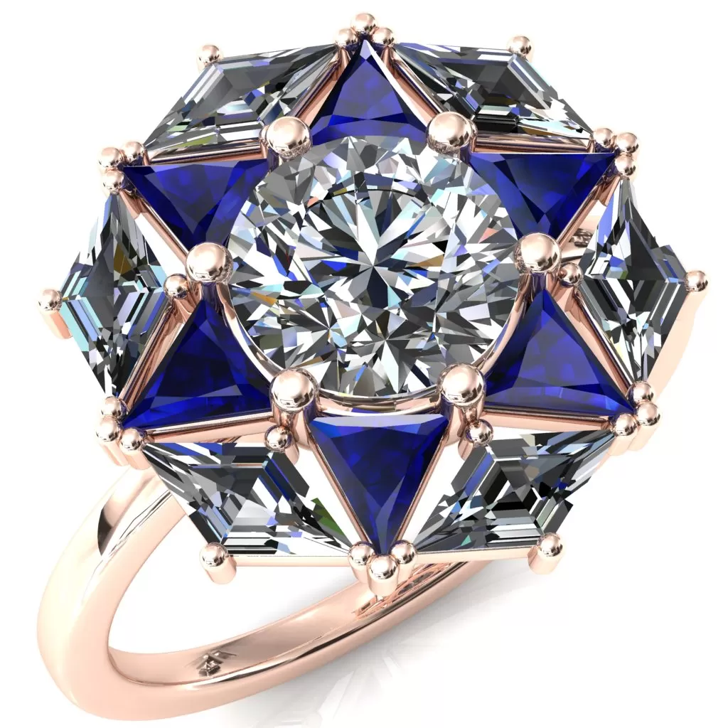 7.5mm Round Center with Diamond and Triangle Shaped Cluster Ring