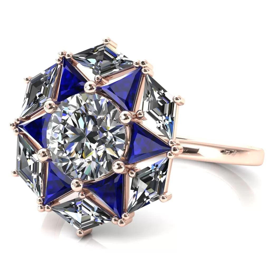 7.5mm Round Center with Diamond and Triangle Shaped Cluster Ring