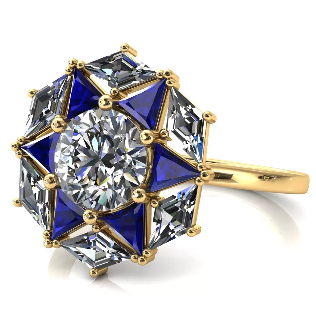 7.5mm Round Center with Diamond and Triangle Shaped Cluster Ring