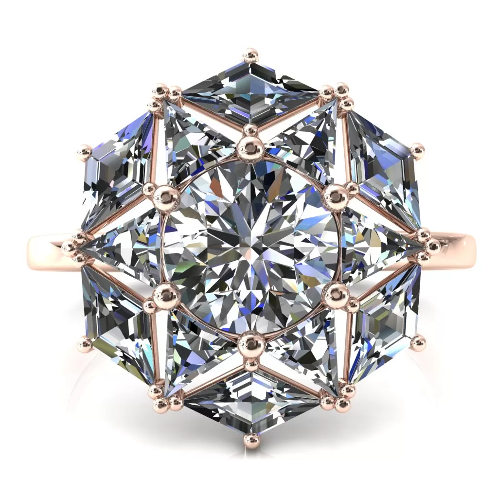 7.5mm Round Center with Diamond and Triangle Shaped Cluster Ring