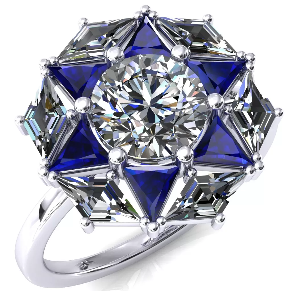 7.5mm Round Center with Diamond and Triangle Shaped Cluster Ring