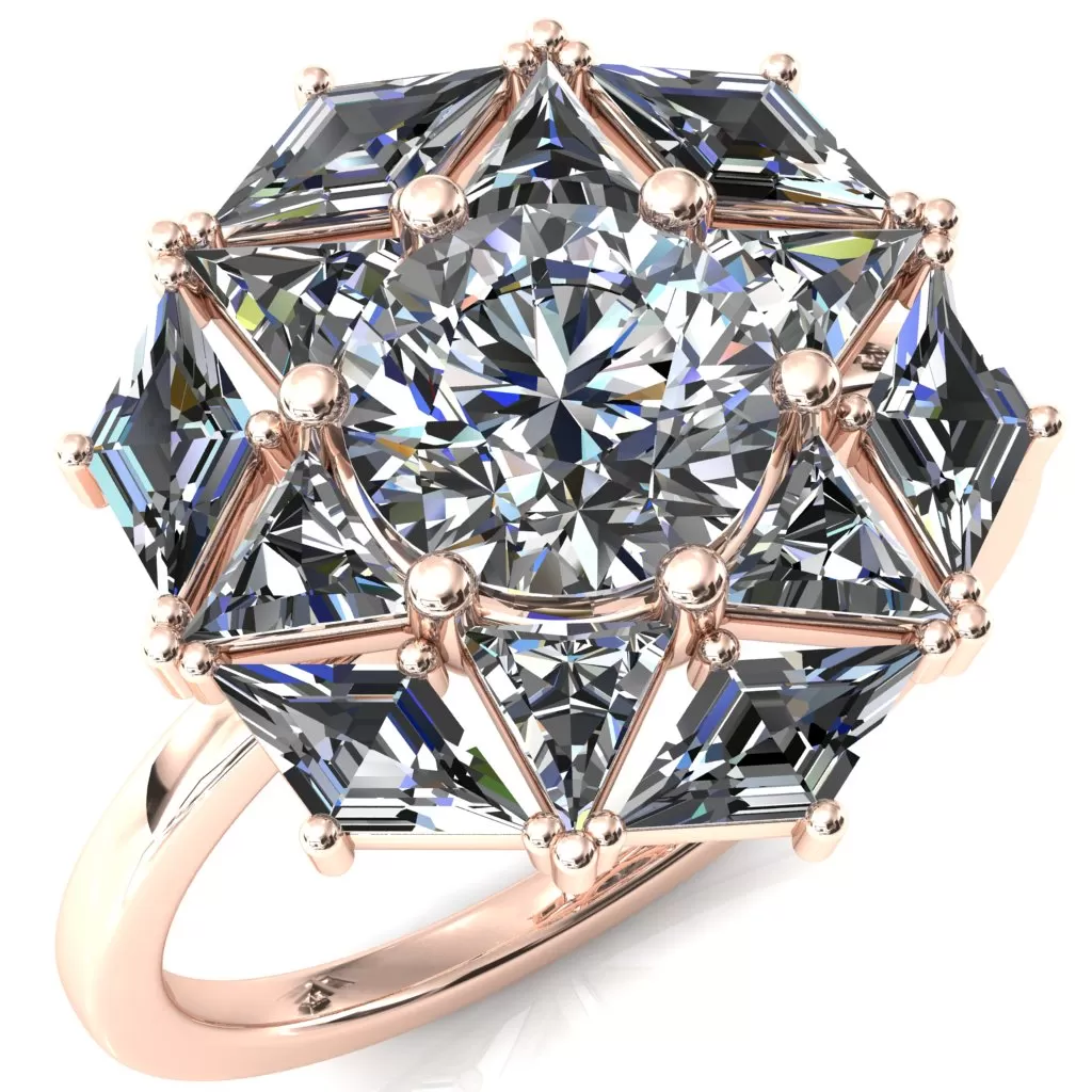 7.5mm Round Center with Diamond and Triangle Shaped Cluster Ring