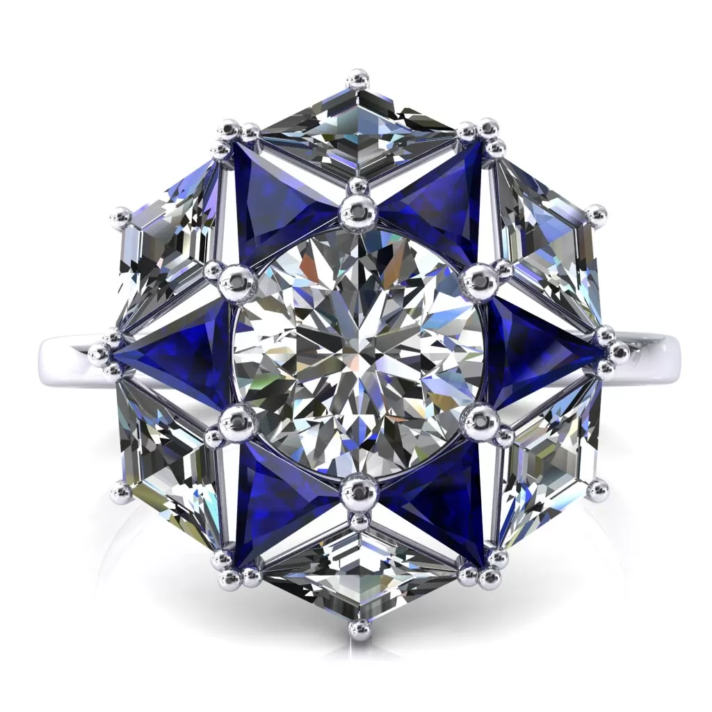 7.5mm Round Center with Diamond and Triangle Shaped Cluster Ring