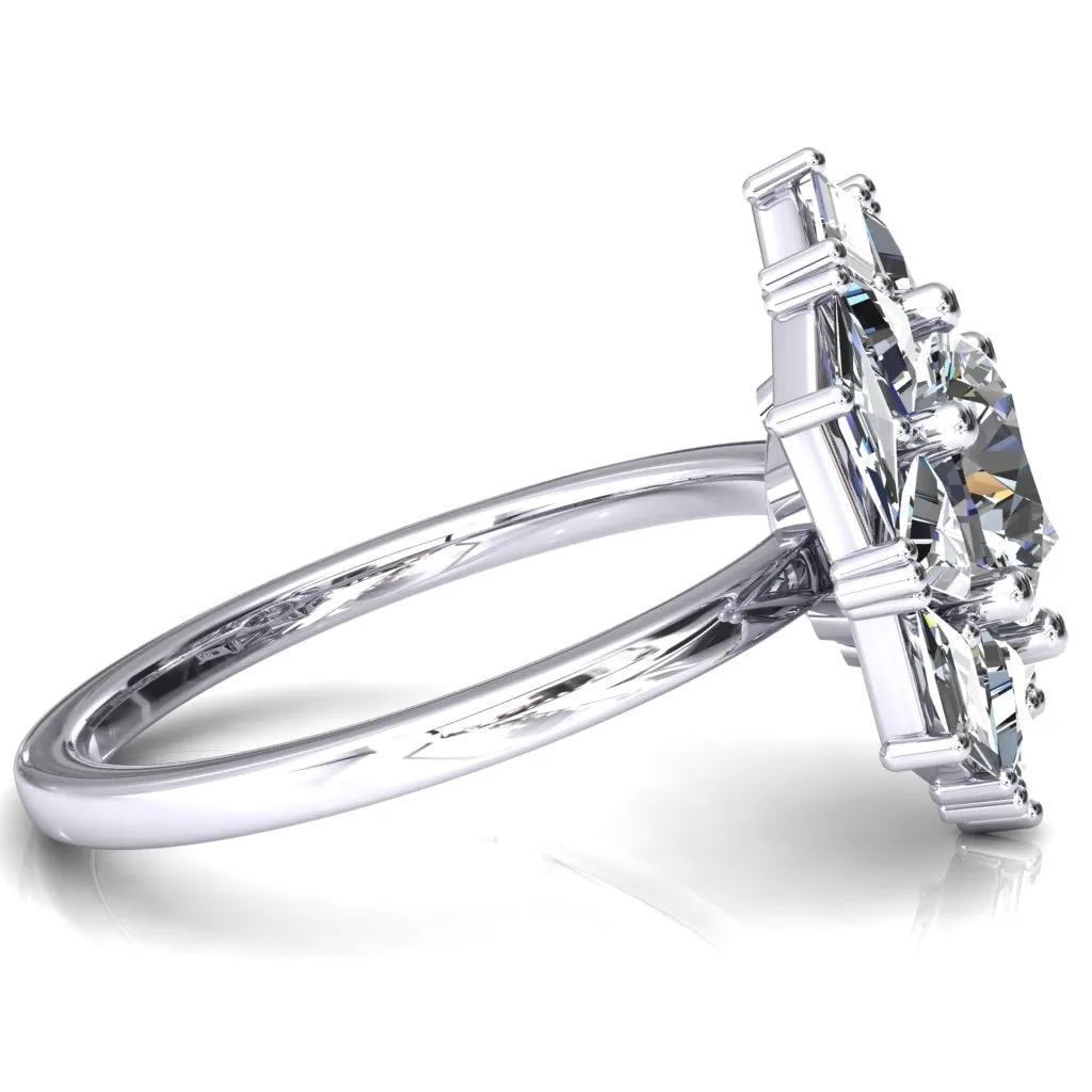 7.5mm Round Center with Diamond and Triangle Shaped Cluster Ring