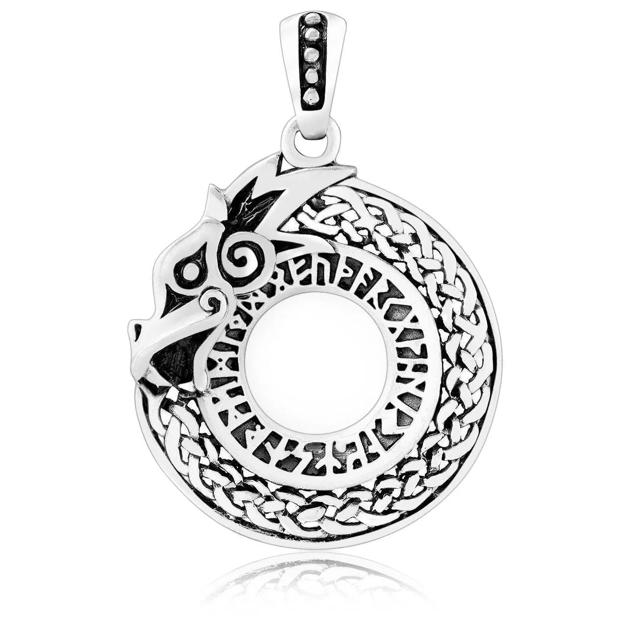 925 Sterling Silver Viking Dragon Jormungand Runes Pendant