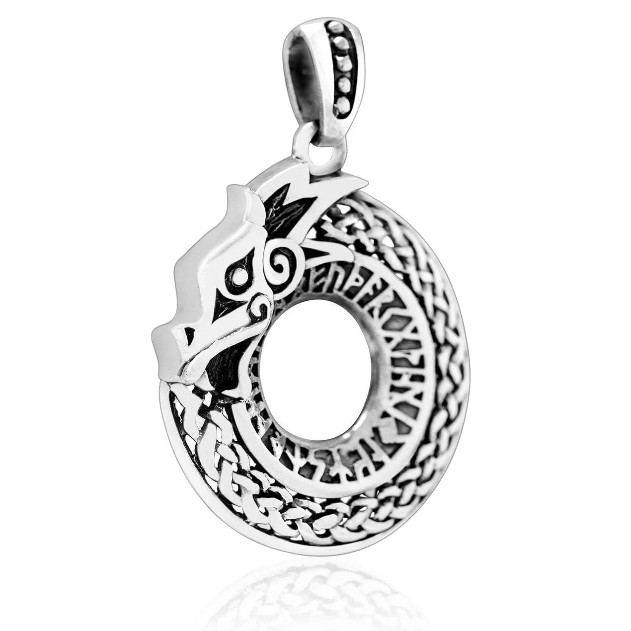 925 Sterling Silver Viking Dragon Jormungand Runes Pendant