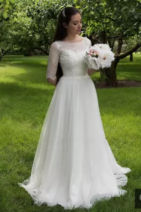 A Line Brush Train Half Sleeve Lace Beach Wedding Dresses