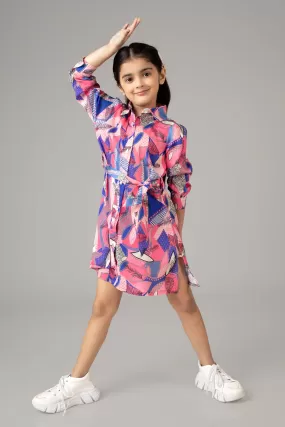 Abstract Tie Belt Shirt Dress For Girls