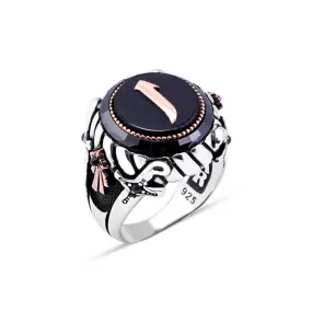 Alif Letter on Black Circle Onyx Stone with Rim Around Silver Men's Ring Siding Double Sword and Ribbon