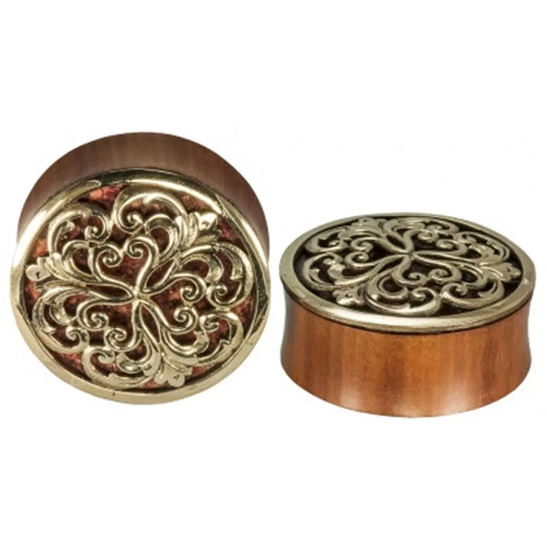 Althea Plugs - Brass   Coral Inlay