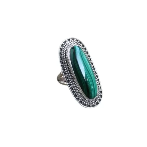 Amazing Statement Design Vintage Art Deco Style Cocktail Large Oval Cut Cabochon Malachite Halo Sterling Silver Ring