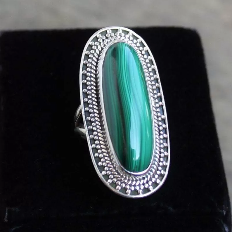 Amazing Statement Design Vintage Art Deco Style Cocktail Large Oval Cut Cabochon Malachite Halo Sterling Silver Ring