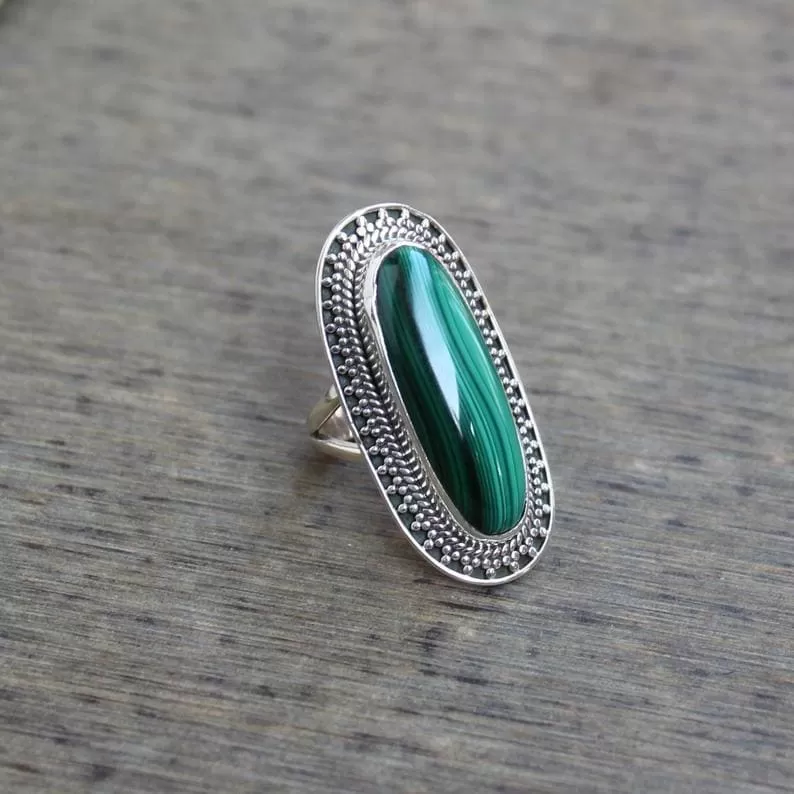 Amazing Statement Design Vintage Art Deco Style Cocktail Large Oval Cut Cabochon Malachite Halo Sterling Silver Ring