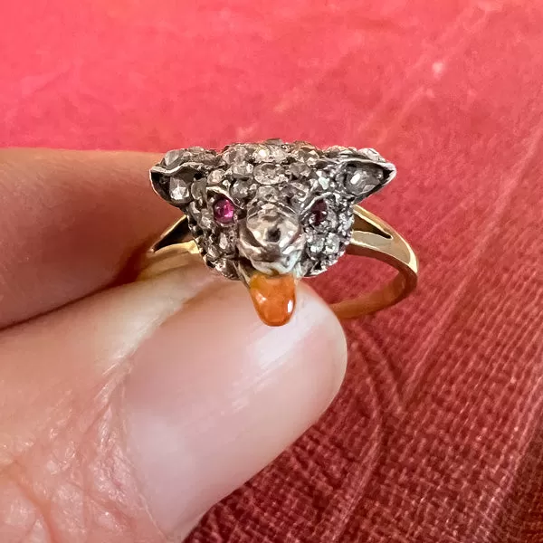 Antique Diamond & Enamel Fox Ring