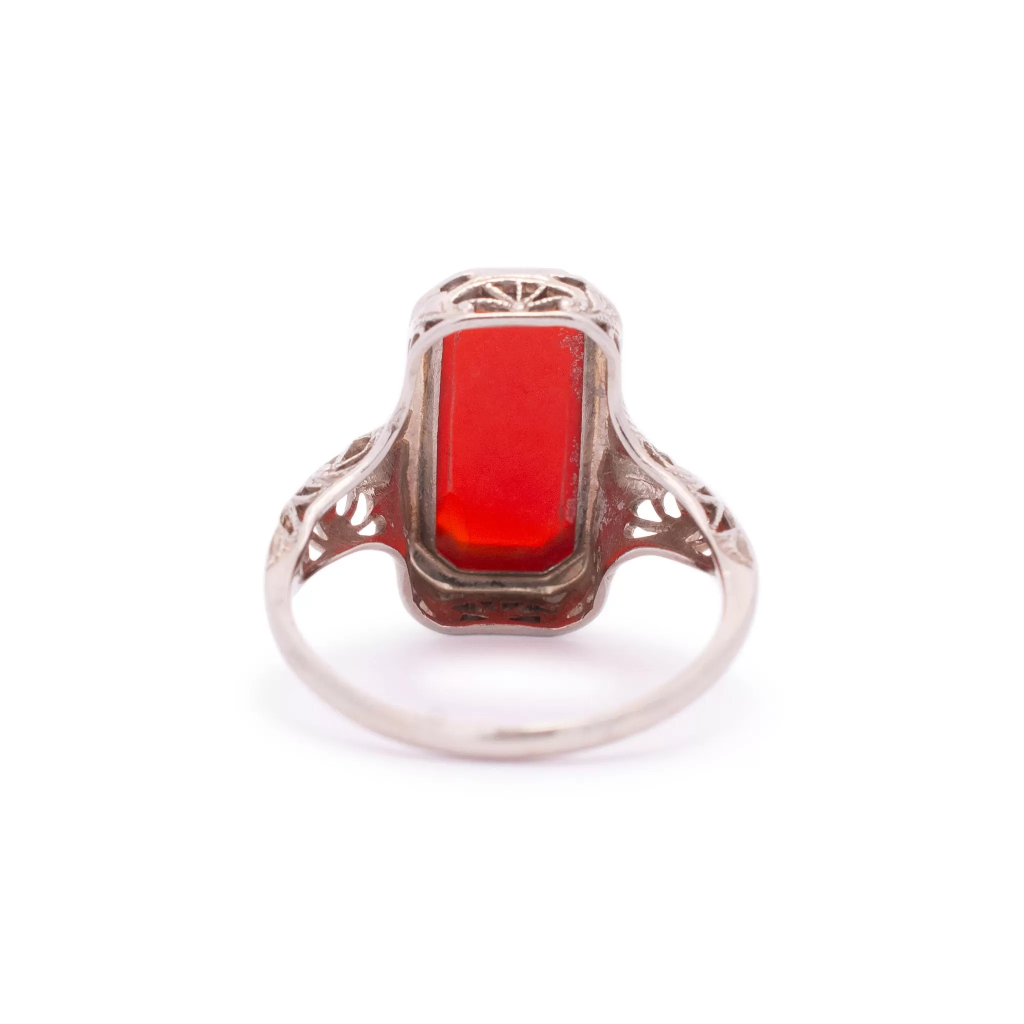 Antique Ladies 14k White Gold Rectangular Sunstone Filigree Cocktail Ring