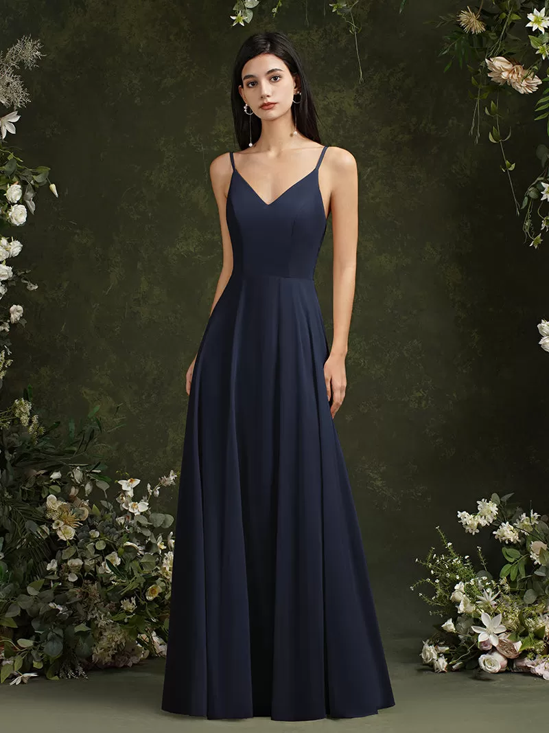 Biztunnel Long A-line V-neck Backless Satin Bridesmaid Dresses