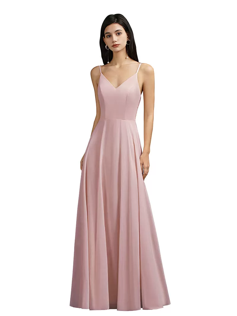 Biztunnel Long A-line V-neck Backless Satin Bridesmaid Dresses