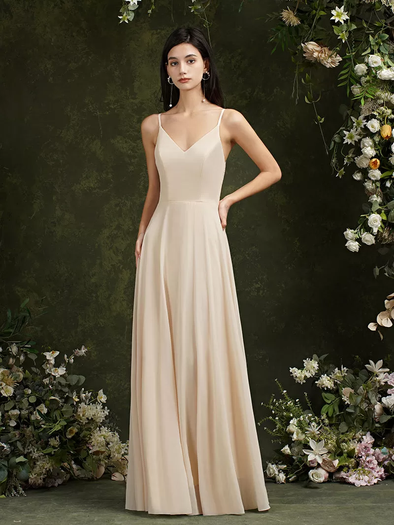 Biztunnel Long A-line V-neck Backless Satin Bridesmaid Dresses