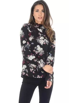 Black Floral High Neck Frill Top