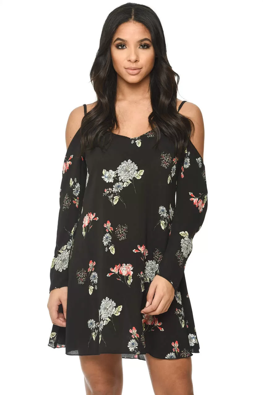 Black Floral Print Cold Shoulder Dress