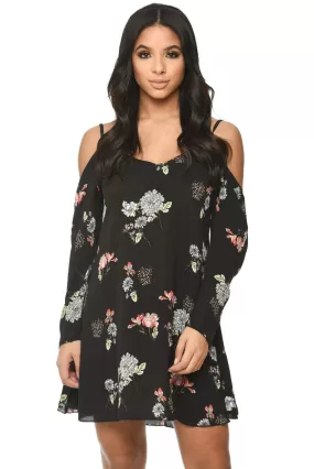 Black Floral Print Cold Shoulder Dress