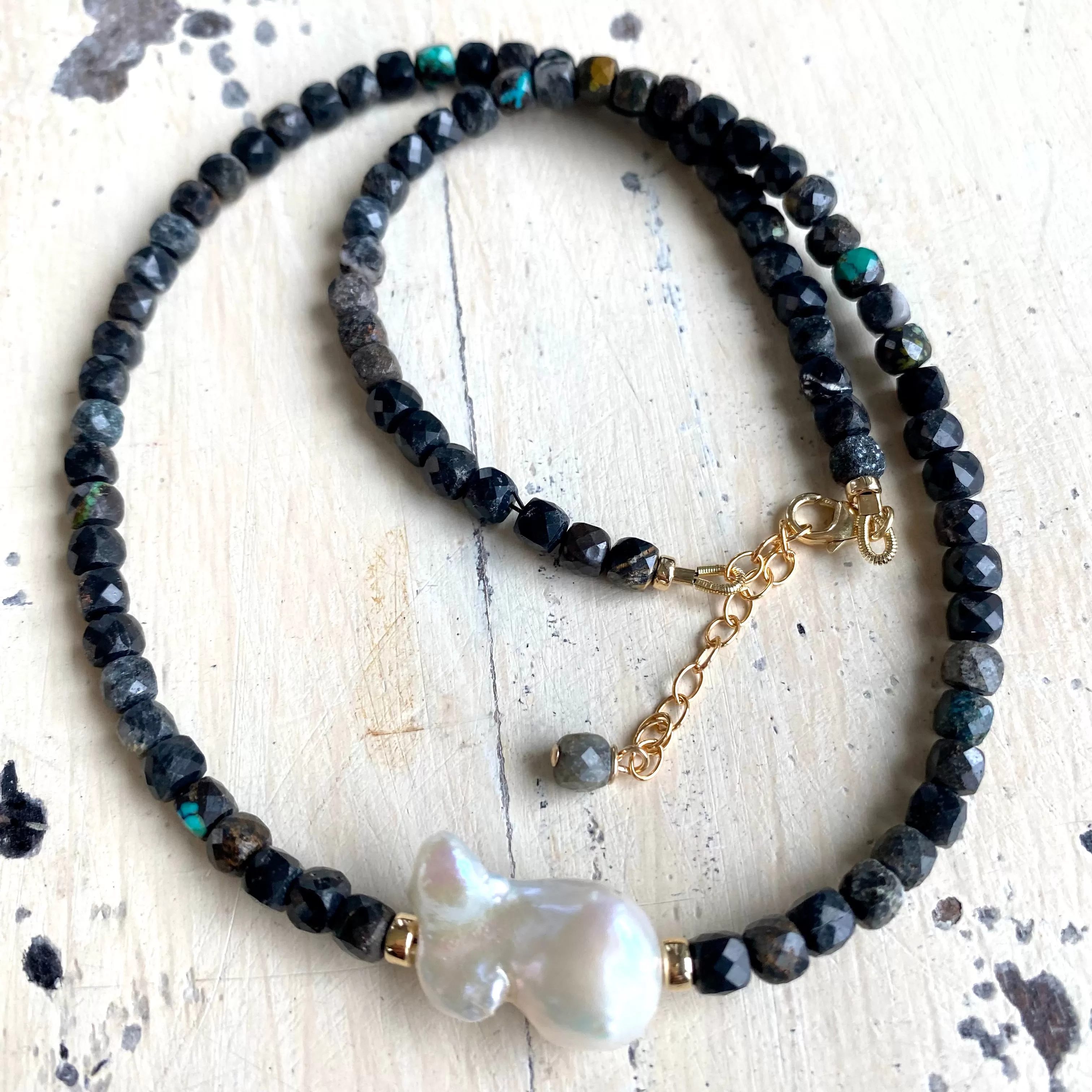 Black Turquoise and Freshwater Baroque Pearl Beaded Necklace, 16.5inches