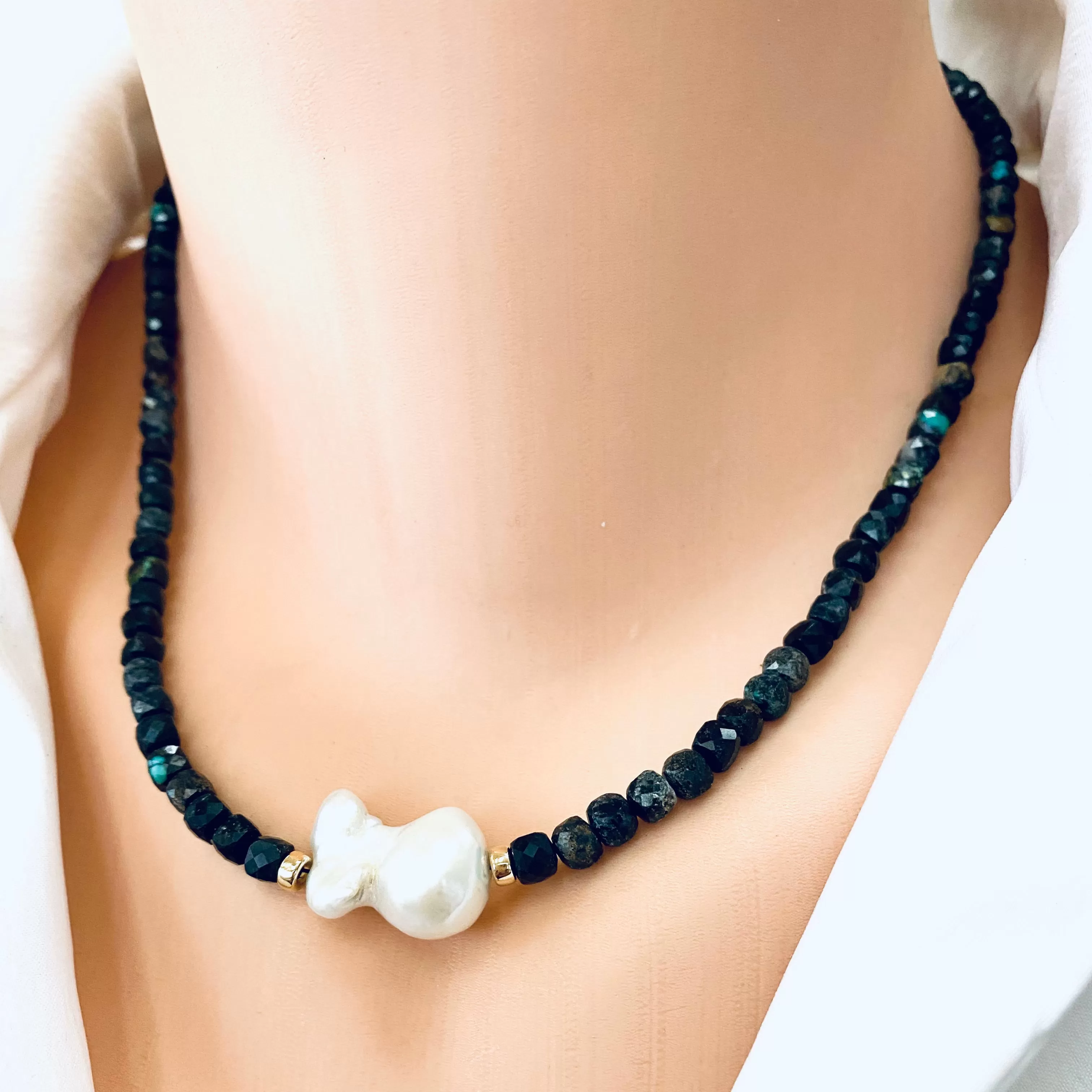 Black Turquoise and Freshwater Baroque Pearl Beaded Necklace, 16.5inches