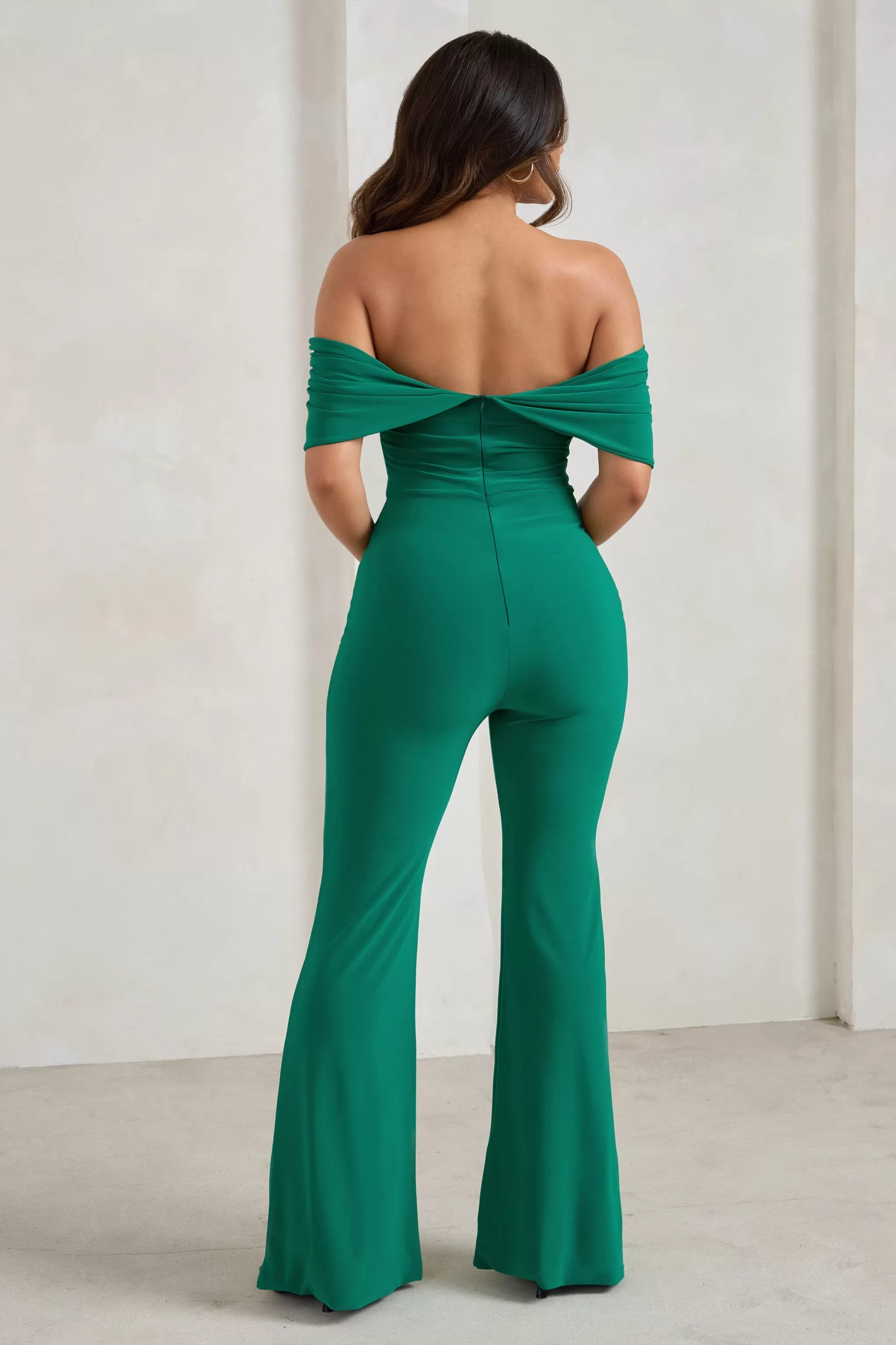 Bonnie | Green Bardot Drape Sleeve Jumpsuit